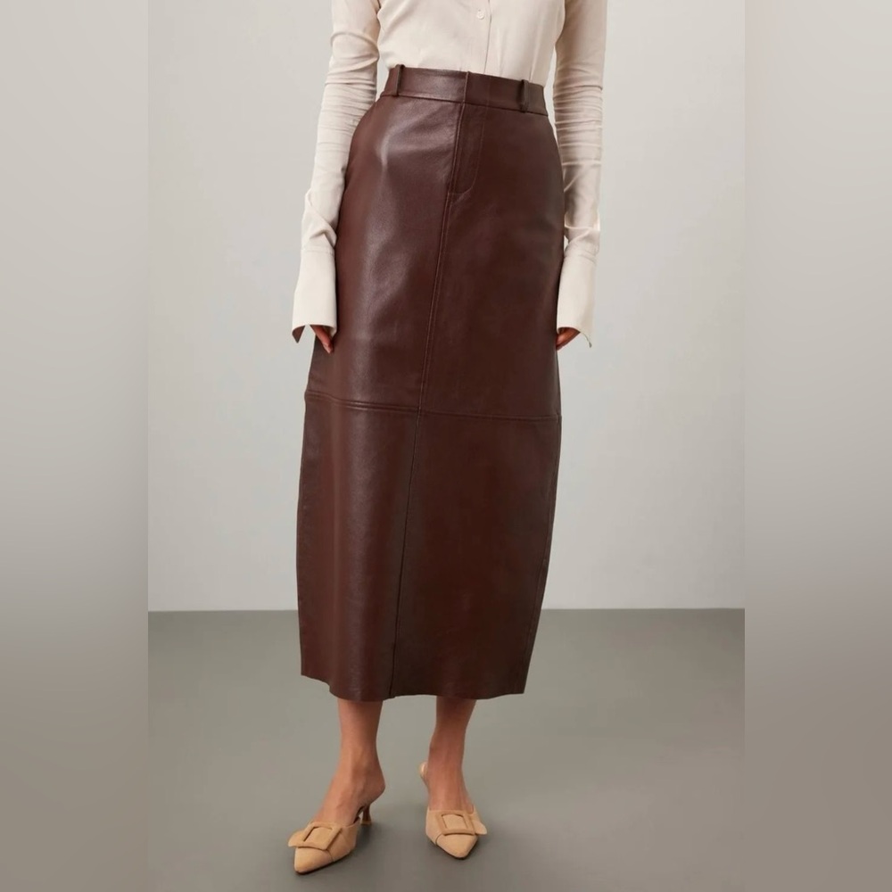 99. Veda Chocolate Brown Leather Maxi Skirt with High Slit in Back, Size 6.